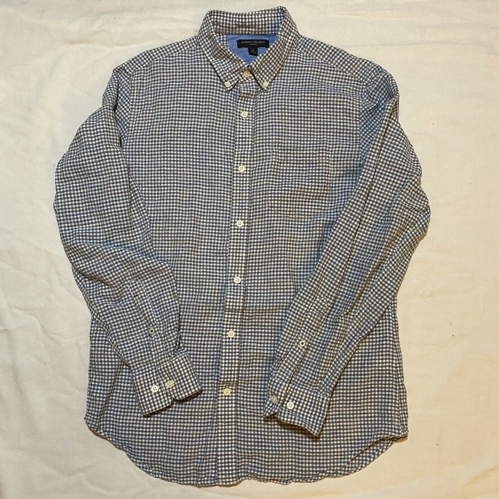 Banana Republic Men’s Button Up Shirt Gingham Plaid Slim Fit Linen Blend
